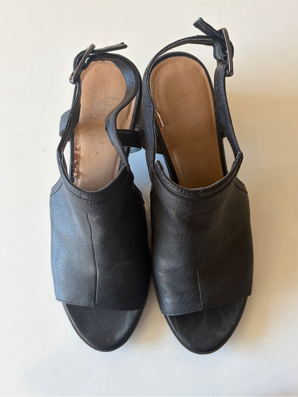 Franco Sarto Black Leather Slingback Open Toe Block Heel Buckle Strap 9.5